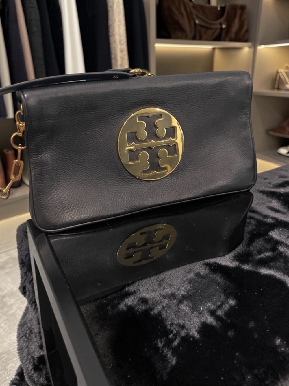 Tory Burch Black Leather Shoulder Bag with Gold Logo Medallion